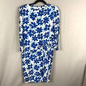 Vintage Adele Simpson Dress Womens Small White Blue 100% Silk Faux Wrap VTG